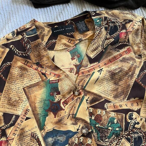 August Silk Vintage Print Blouse L - 100% Silk, History-Inspired Collage Pattern - Picture 7 of 9